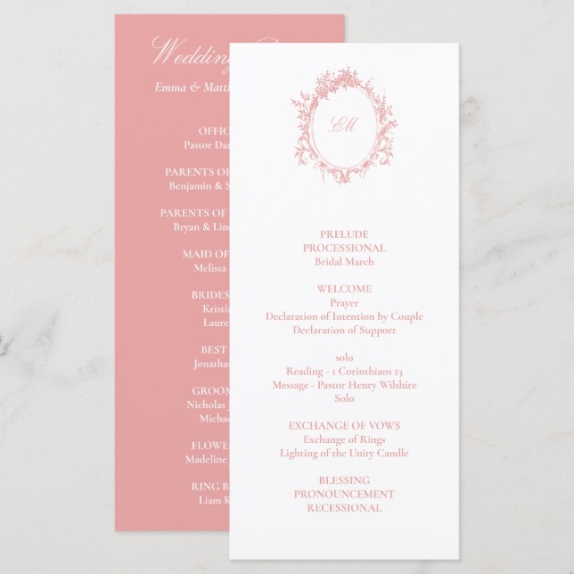 Programme Mariage Toile de Jouy Rose Victorien Français (Devant / Derrière)