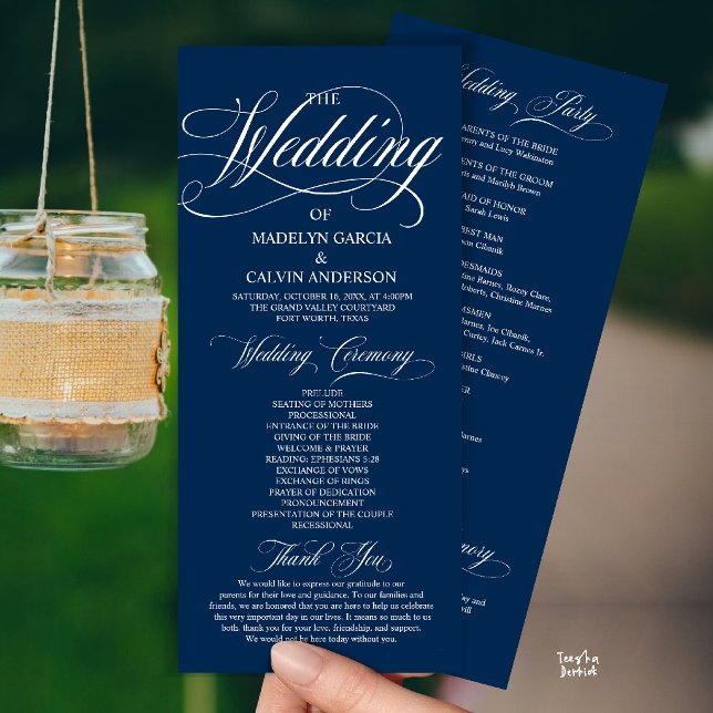 Programme Mariage Tout En Un Écriture Moderne Bleu Marine (Modern Script All In One Wedding Program Card in Navy Blue)