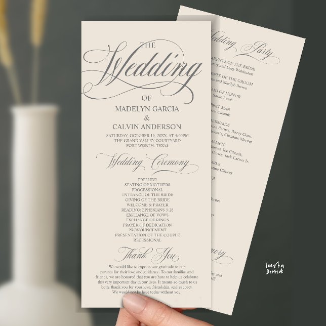 Programme Mariage Tout en Un Écriture Moderne Crème et Grise (Modern Script All In One Wedding Program Card in cream and grey)
