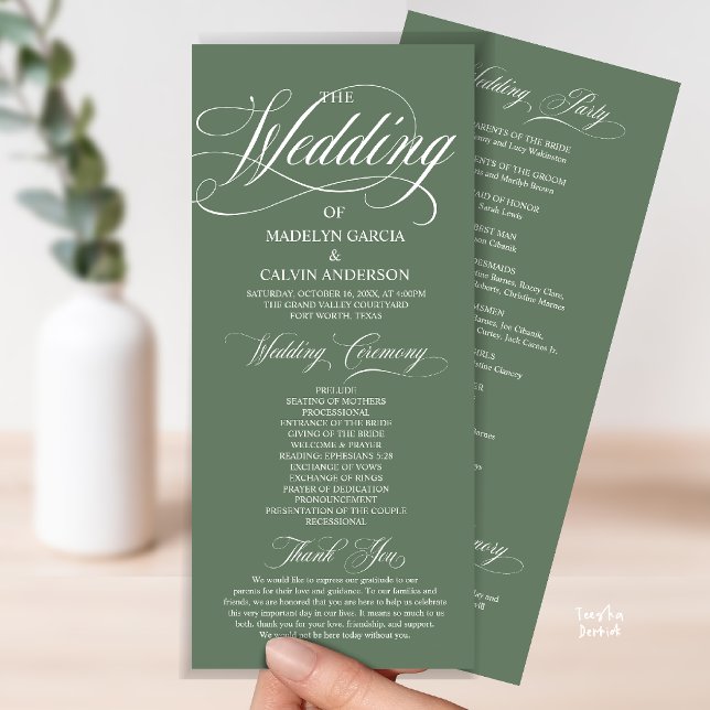 Programme Mariage Tout En Un Écriture Moderne Vert Sauge (Modern Script All In One Wedding Program Card in Sage Green)