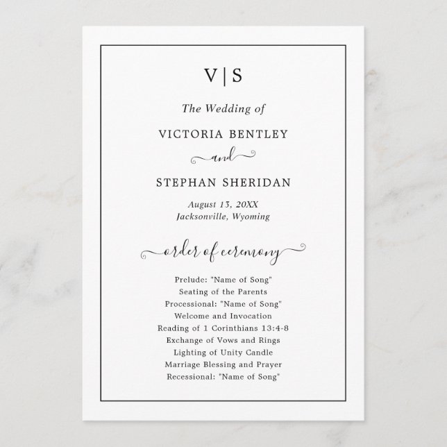 Programme Mariage traditionnel avec monogramme noir et blanc (Devant)