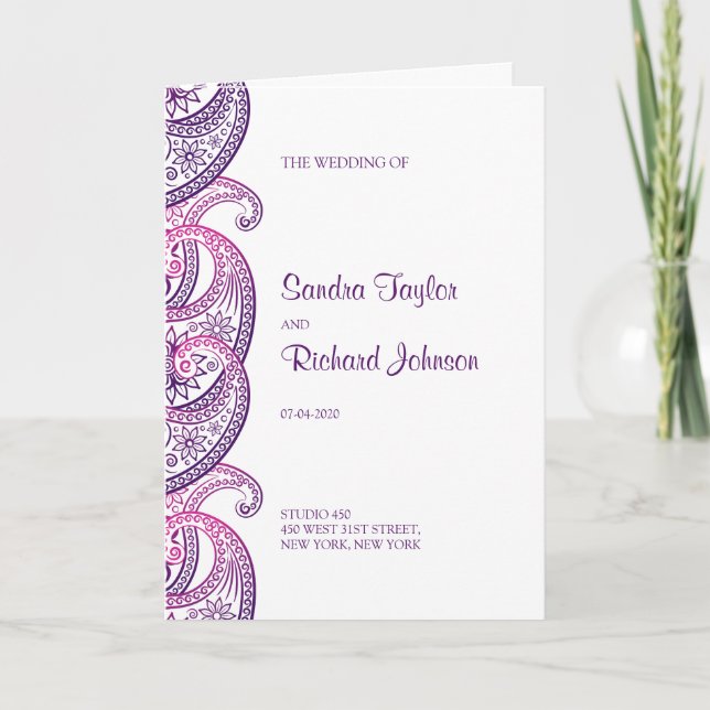 Programme Mariage traditionnel indien Paisley et rose (Devant)