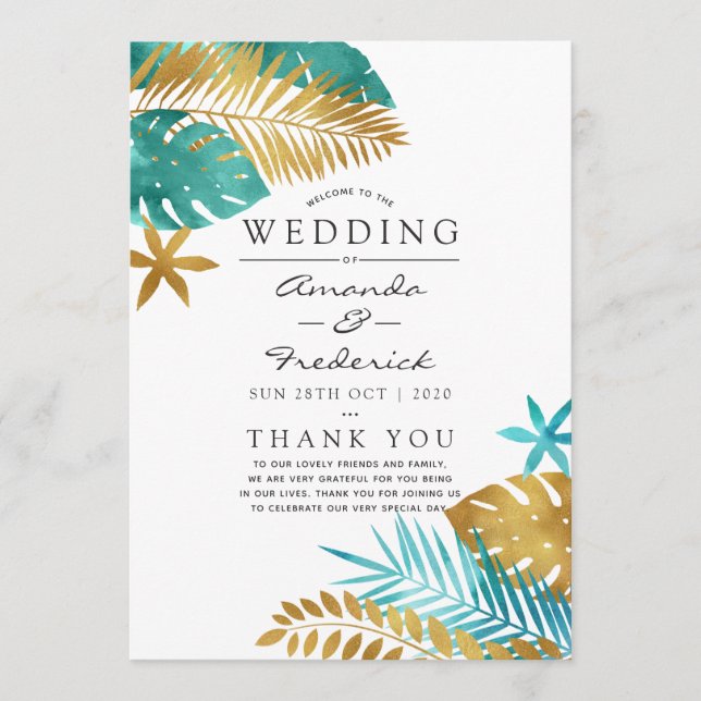 Programme Mariage Tropical de Teinte Turquoise et Or (Devant)