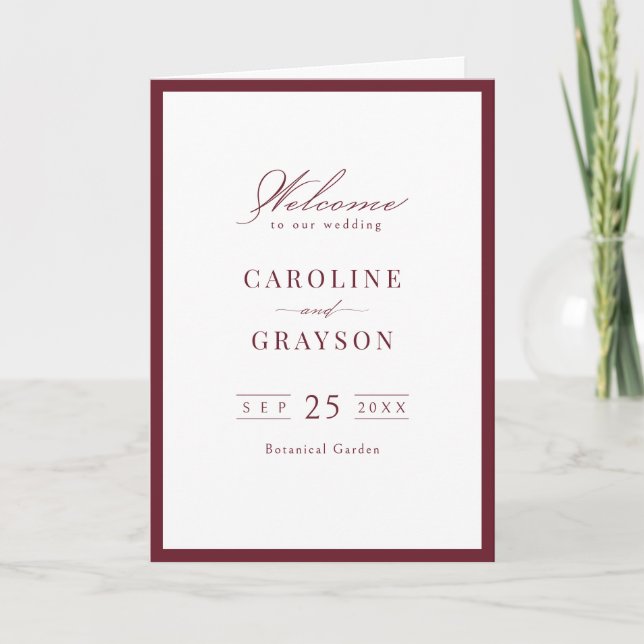 Programme Mariage Typographie Script Élégant Bourgogne (Devant)