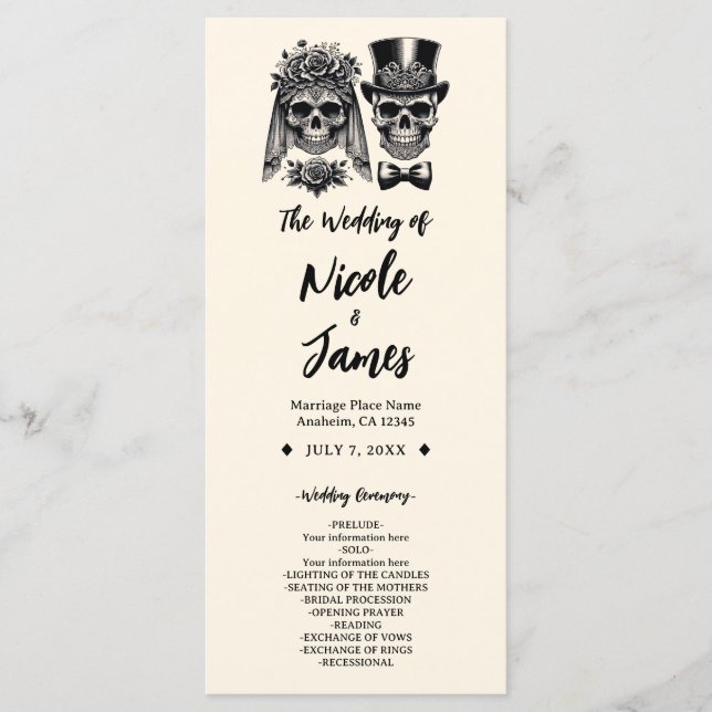 Programme Mariage Vintage Crâne Noir & Or Crème  (Devant)