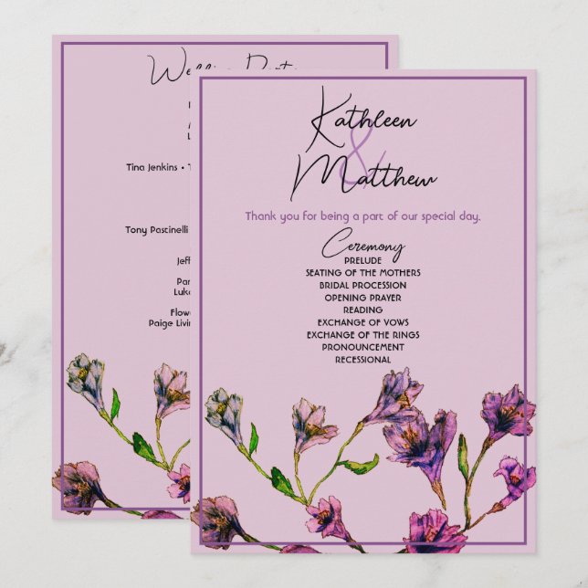 Programme Mariage vintage d'aquarelle florale pourpre (Devant / Derrière)