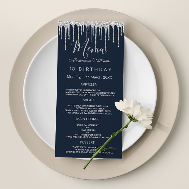 Programme Marine bleu argent gouttes de parties scintillant  (Navy blue silver glitter drips Birthday Program )