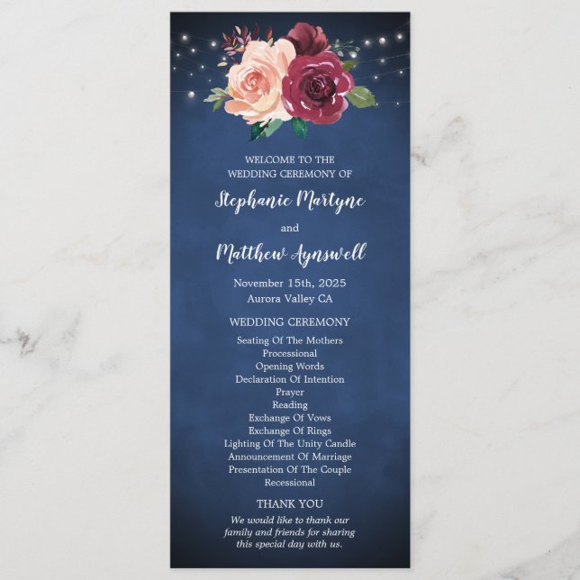 Programme Marine Bleu Bourgogne Floral Mariage (Devant)