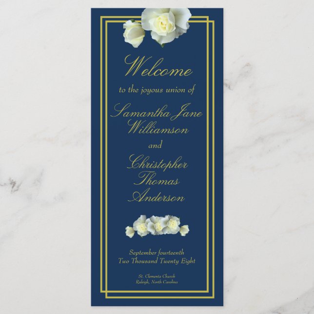 Programme Marine Bleu Elegant Gold Script encadré Rose blanc (Devant)
