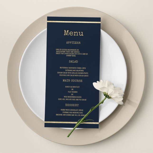 Programme Marine bleu or machine à écrire police rustique Ma (Navy blue gold typewriter font rustic Wedding Menu )