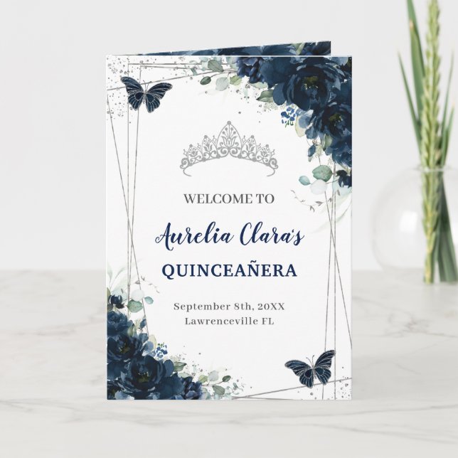 Programme Marine Blue Floral Argent Quinceañera Ordre de l'é (Devant)