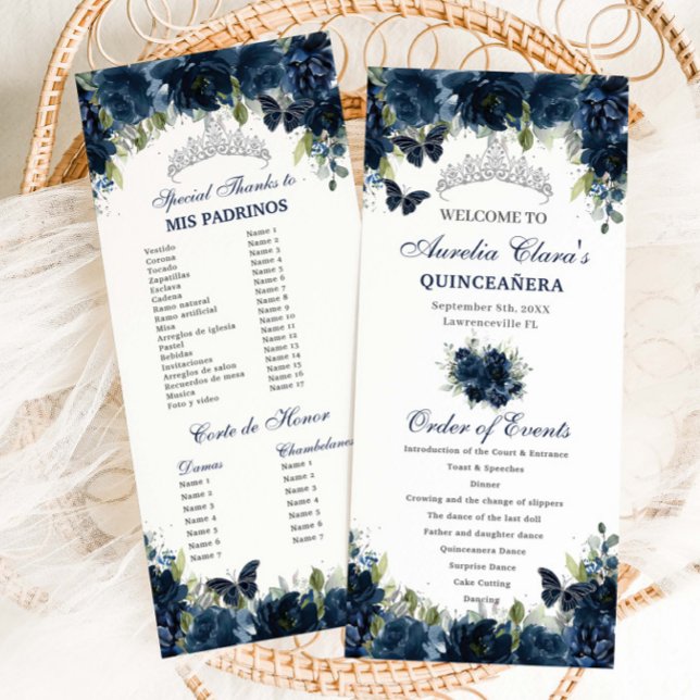 Programme Marine Blue Floral Argent Quinceañera Ordre de l'é (navy-blue-floral-silver-butterflies-quinceanera-sweet-16-birthday-slim-program-order-events-cards)