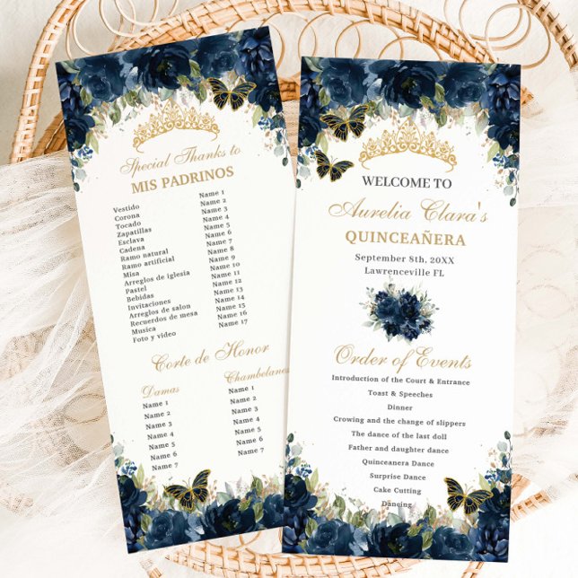 Programme Marine Blue Floral Gold Quinceañera Ordre de l'évé (navy-blue-floral-gold-butterflies-quinceanera-sweet-16-birthday-slim-program-order-events-padrinos)