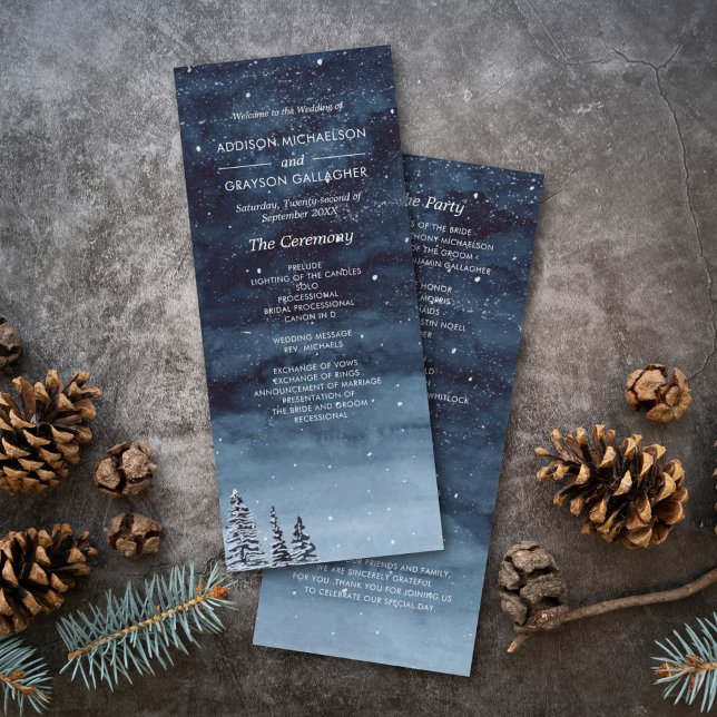 Programme Marine Blue Snowy Hiver Nuit Wonderland Mariage (Winter wonderland watercolor snow night wedding program card for and elegant winter wedding day.)