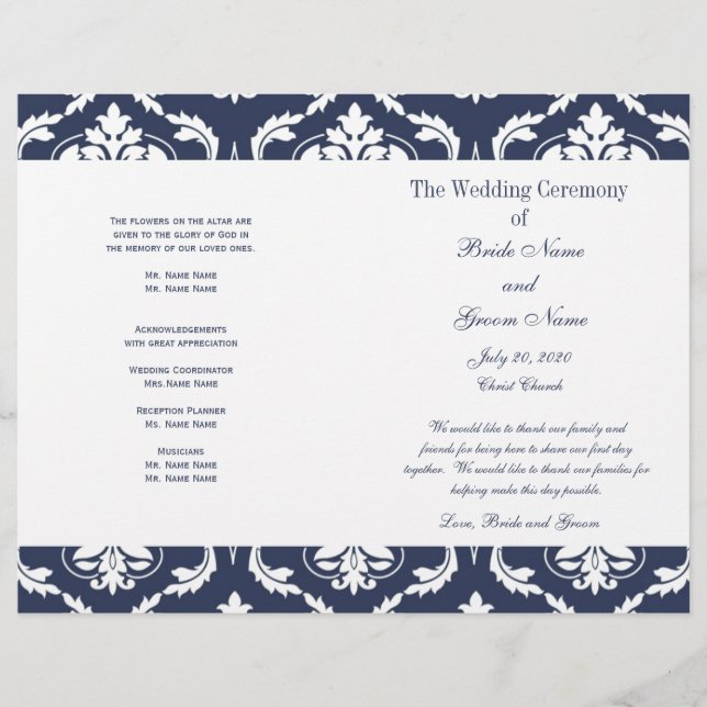 Programme Marine Blue White Vintage Mariage damass (Devant)