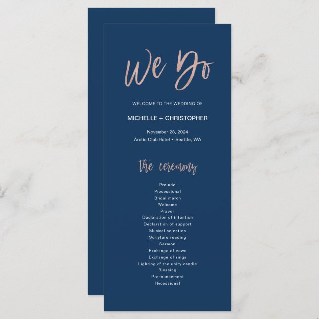 Programme Marine & Rose Gold Glam Chic We Do Wedding Program (Devant / Derrière)