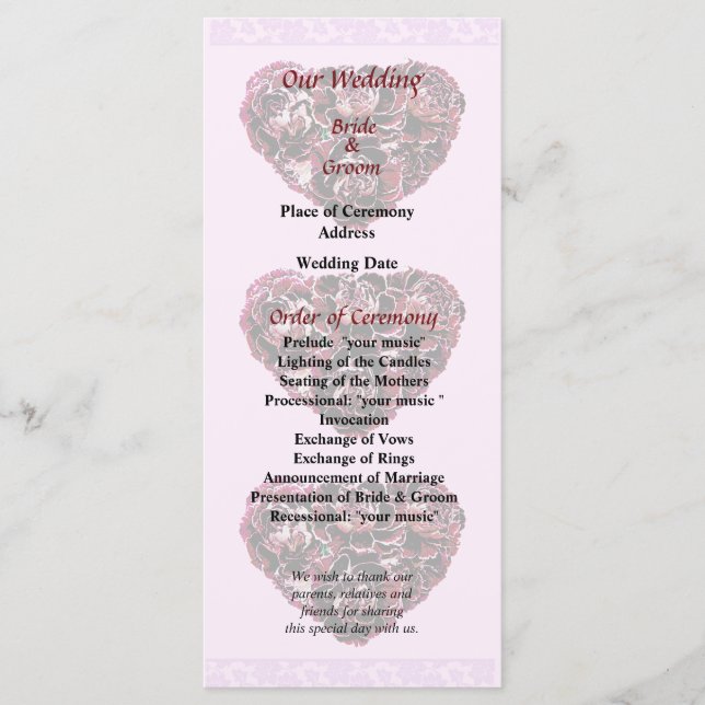 Programme Maroon Carnation Heart Pink Bkgrnd Wedding Program (Devant)