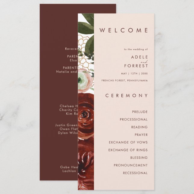 Programme Marsala Autumn Floral | Blush Wedding Program (Devant / Derrière)