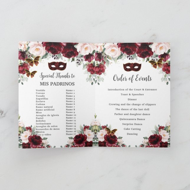 Programme Mascarade Burgundy Blush Floral Or Quinceañera (Intérieur)