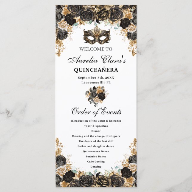 Programme Masque de bal floral en or noir pour Quinceañera  (Devant)