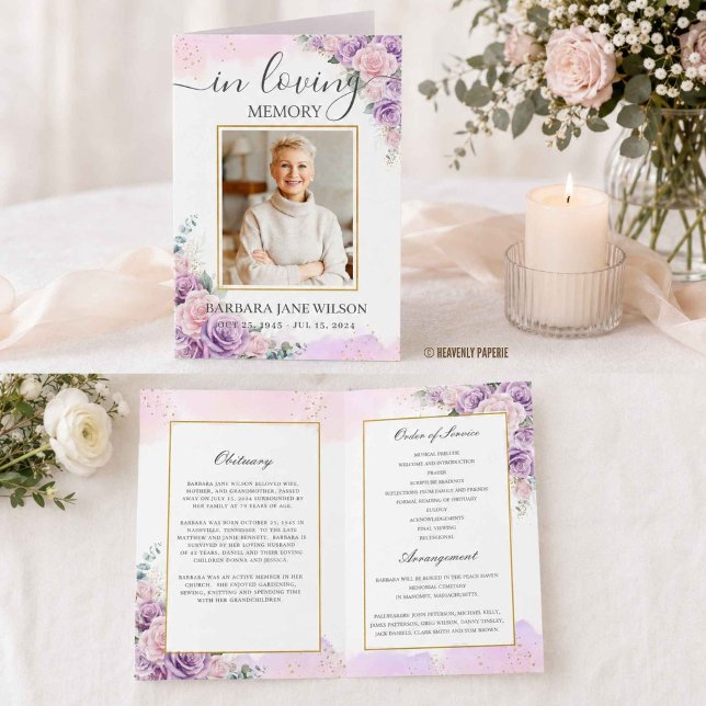 Programme Mémorial Funéraire Photo Floral de Lilas Violet Él (Elegant Purple Lilac Floral Photo Funeral Memorial Bi-fold Program Obituary order of service)