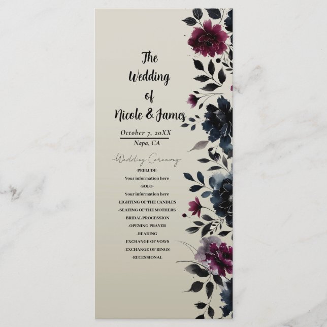 Programme Midnight Blue Bourgogne Inky Floral Almond Mariage (Devant)