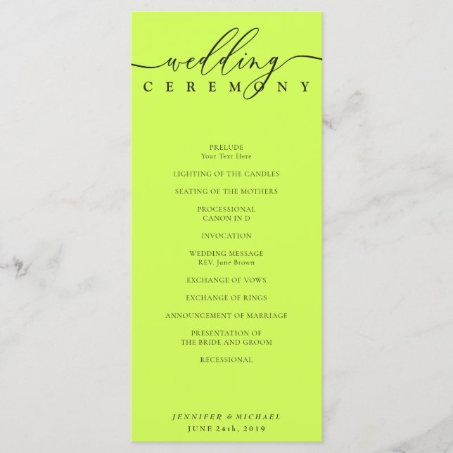 Programme Minimal Cyber Lime Jet Black Wedding Ceremony (Devant)