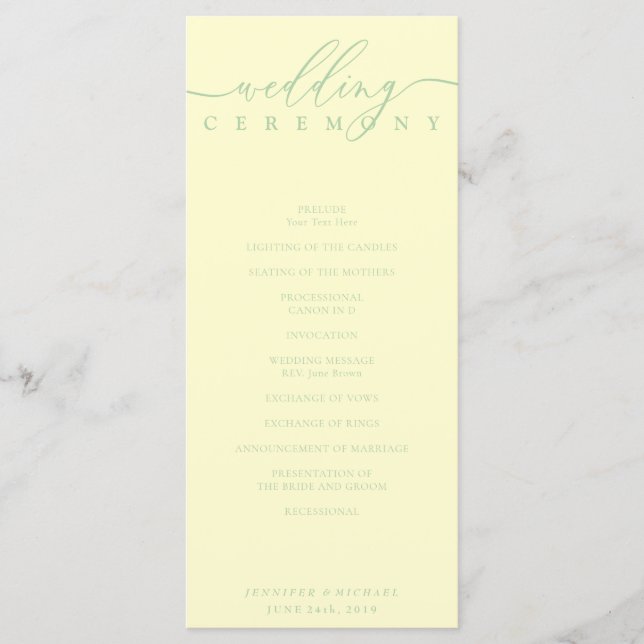 Programme Minimal Pistachio & Cream Script Wedding Ceremony (Devant)