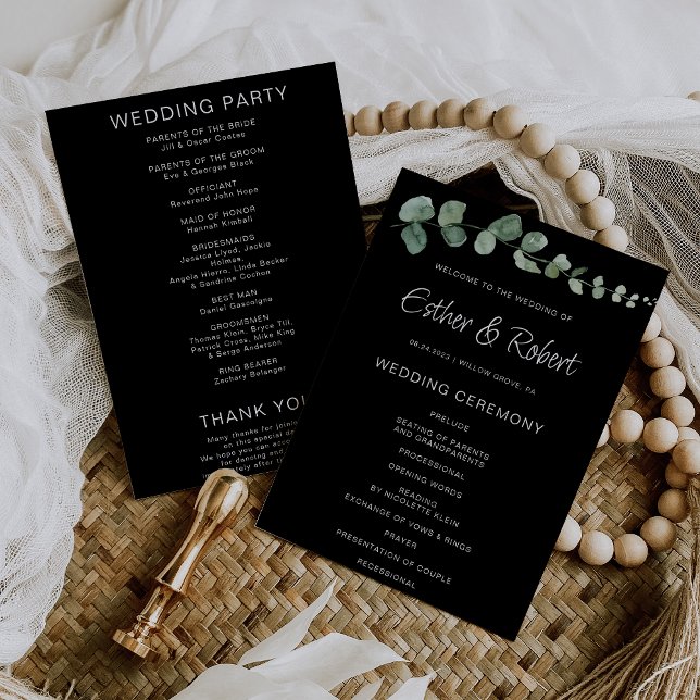 Programme minimaliste de mariage noir Eucalyptus (Créateur téléchargé)