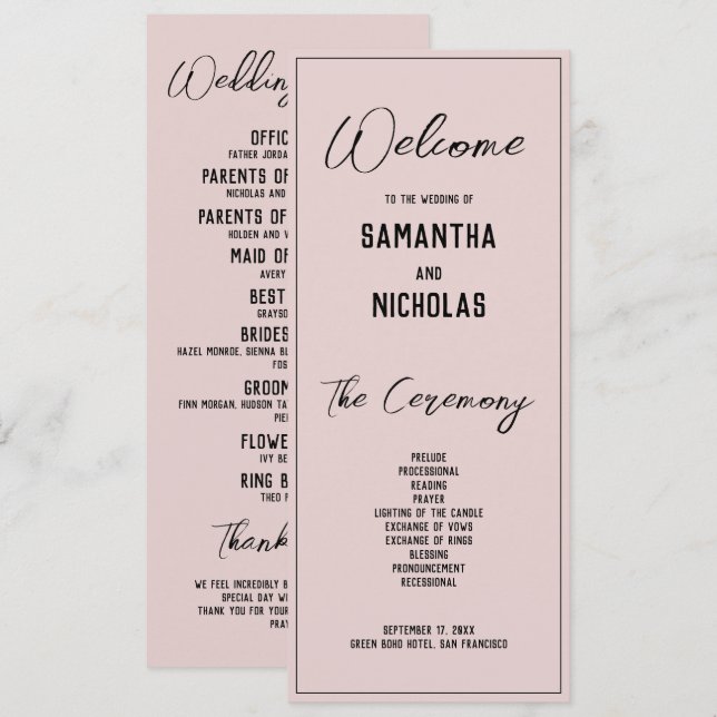 Programme minimaliste de mariage rose Dusty (Devant / Derrière)