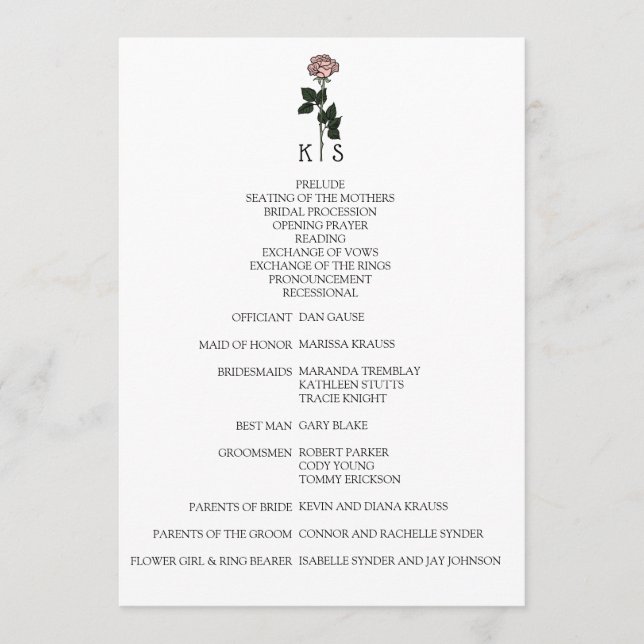 Programme minimaliste de mariage rose monogramme (Devant)