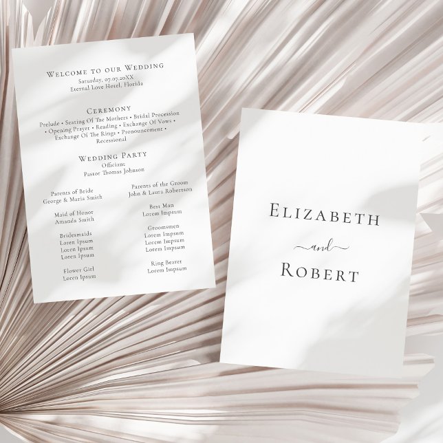 Programme minimaliste moderne de mariage noir et b (Modern Minimalist Black and White Wedding Program on a sunny neutral dry palm leaf.)
