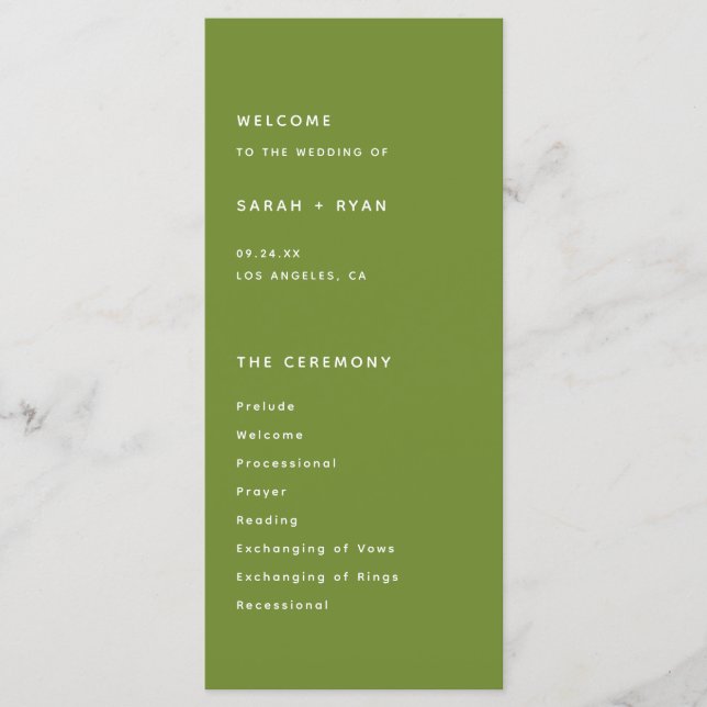 Programme Minimalistic Dark Olive Green Wedding Ceremony (Devant)
