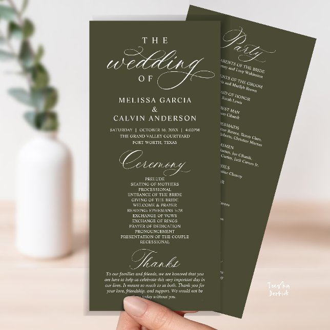 Programme Modern Classy Elegant Wedding Ceremony (Modern Classy Elegant Wedding Ceremony Program card olive green)