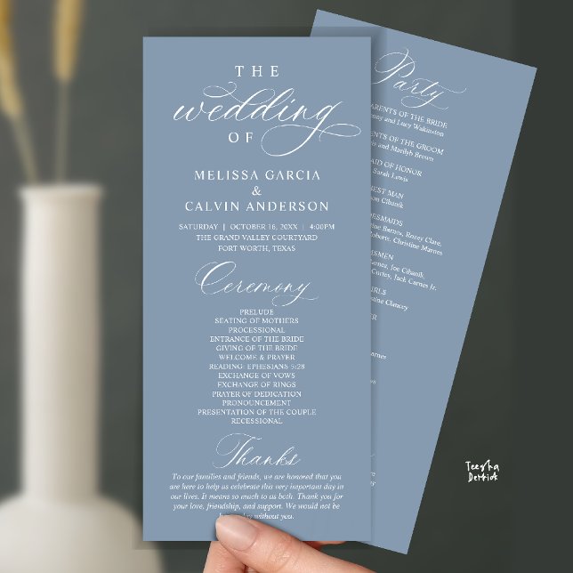 Programme Modern Classy Elegant Wedding Ceremony (Modern Classy Elegant Wedding Ceremony Program card dusty blue)