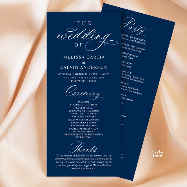 Programme Modern Classy Elegant Wedding Ceremony (Modern Classy Elegant Wedding Ceremony Program card navy blue)