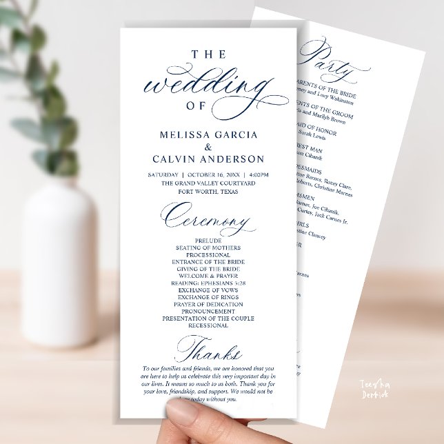 Programme Modern Classy Elegant Wedding Ceremony (Modern Classy Elegant Wedding Ceremony Program card navy blue)