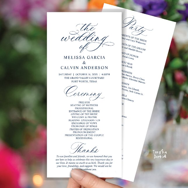 Programme Modern Classy Elegant Wedding Ceremony (Modern Classy Elegant Romantic Wedding Ceremony Program Card in Navy Blue)