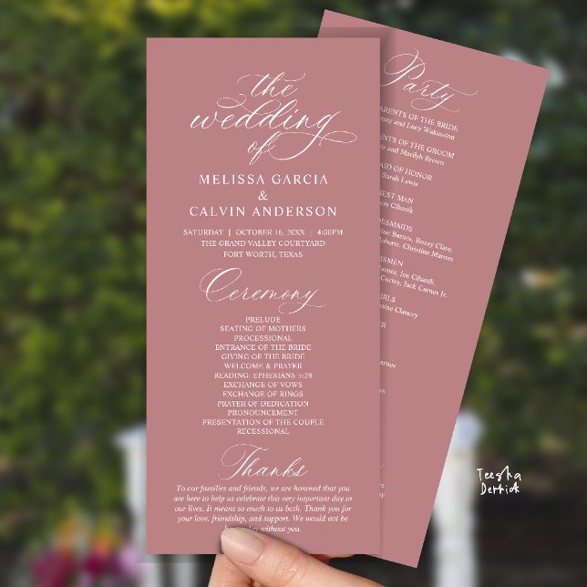 Programme Modern Classy Elegant Wedding Ceremony (Modern Classy Elegant Romantic Wedding Ceremony Program Card in rose pink dusty)