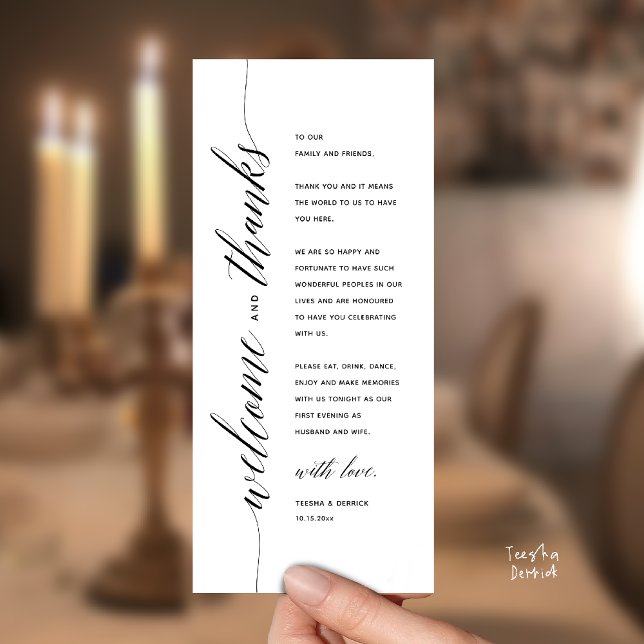 Programme Modern Classy Wedding Dinner Thank You Card (Modern Classy Wedding Reception Dinner Thank You Card, Bridal Shower in Black and White)