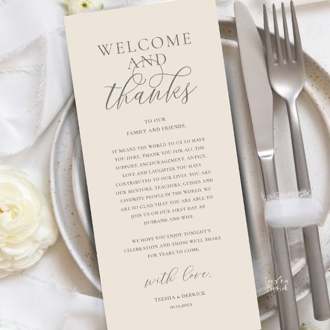 Programme Modern Classy Wedding Reception Thank You Card (Modern Classy Wedding Reception Dinner Brunch Lunch Thank You Card in Cream Grey)