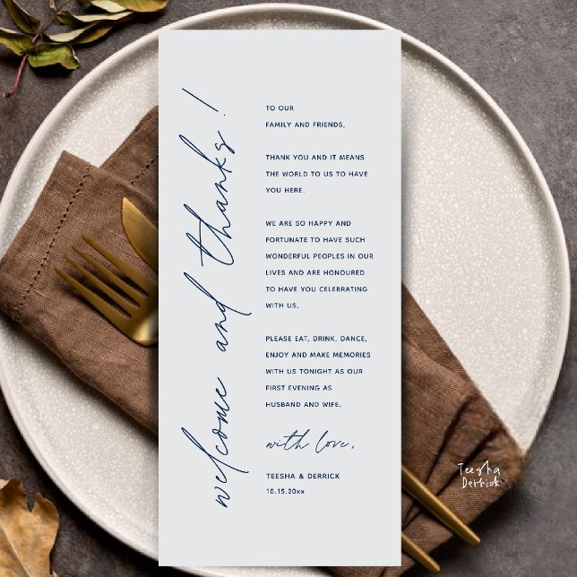 Programme Modern Minimalist Wedding Reception Thank You Card (Modern Minimalist Wedding Reception Dinner Thank You Card in navy blue and grey tones)