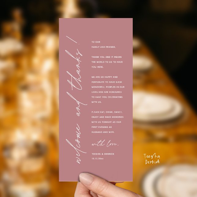 Programme Modern Minimalist Wedding Reception Thank You Card (Modern Minimalist Wedding Reception Dinner Thank You Card in dusty rose pink)
