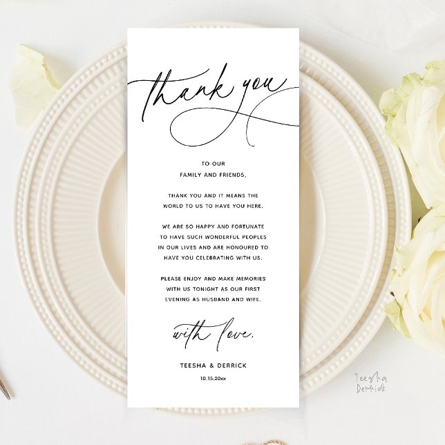 Programme Modern Romantic Wedding Dinner Thank You Card (Modern Romantic Wedding Reception Dinner Thank You Card in black and white)