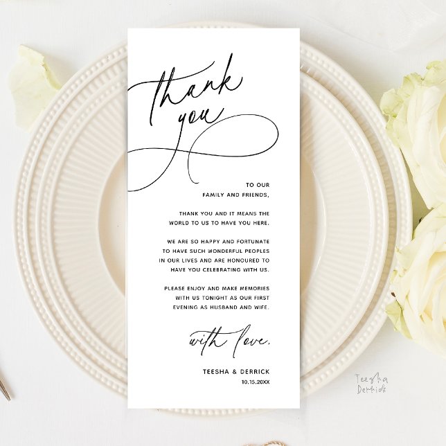 Programme Modern Romantic Wedding Reception Thank You Card (Modern Romantic Wedding Reception Dinner Lunch Brunch Thank You Card in Black and White)