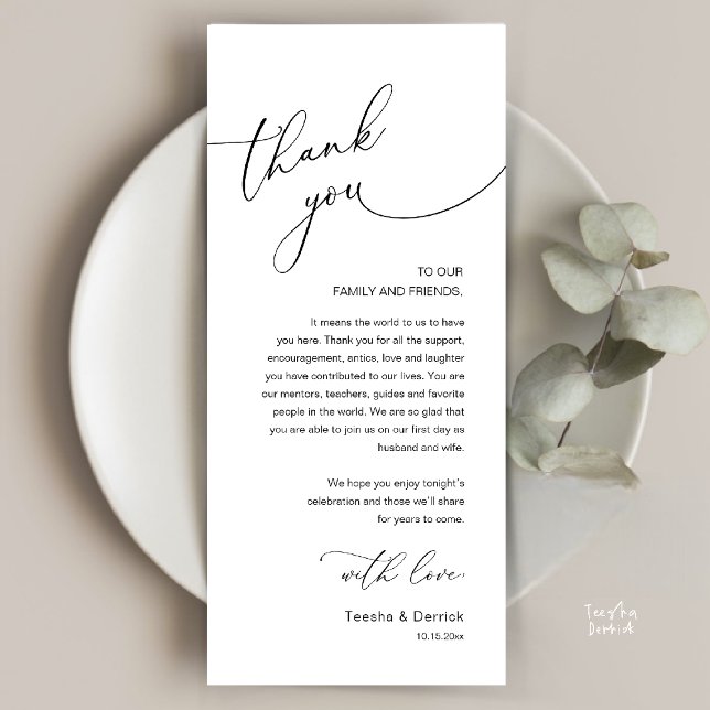 Programme Modern Romantic Wedding Reception Thank You Card (Modern Romantic Wedding Reception Thank You Card, plate decoration, in Black and White)