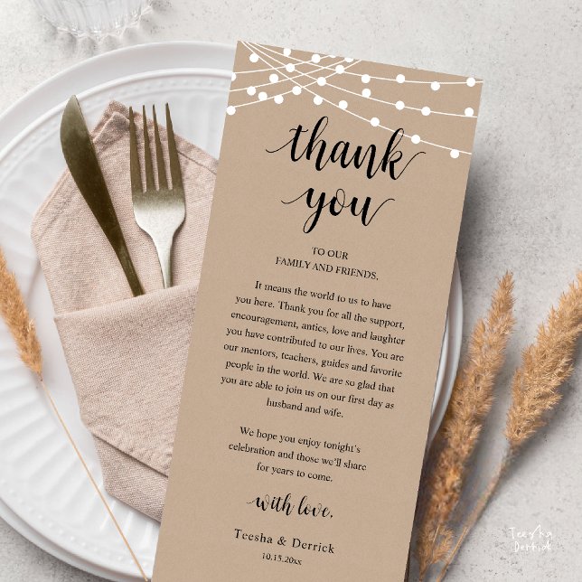 Programme Modern Rustic Wedding Dinner Thank You Card (Modern Rustic Wedding Dinner Thank You Card Reception Reception String Lights Brown Kraft)