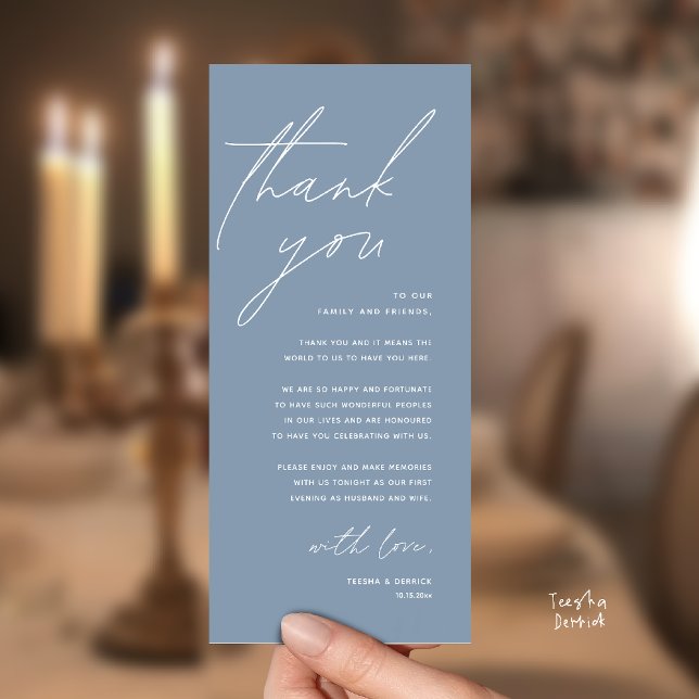 Programme Modern Wedding Reception Dinner Thank You Card (Modern Wedding Reception Dinner Lunch Brunch Party Thank You Card in dusty blue)