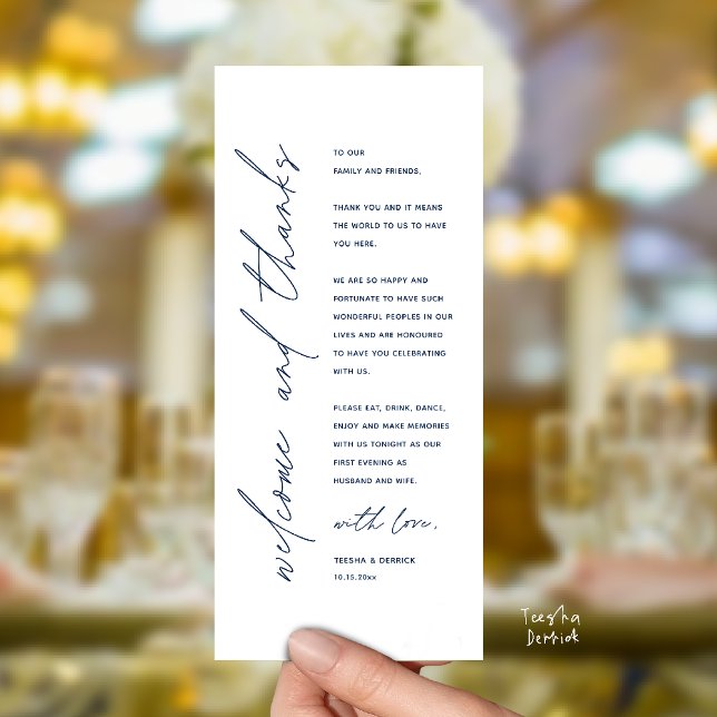 Programme Modern Wedding Reception Dinner Thank You Card (Welcome and thanks, Modern Wedding Reception Dinner Thank You card, family friends in navy blue)