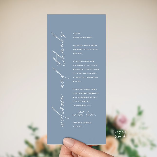 Programme Modern Wedding Reception Dinner Thank You Card (Welcome and thanks, Modern Wedding Reception Dinner Thank You card, family friends in dusty blue)